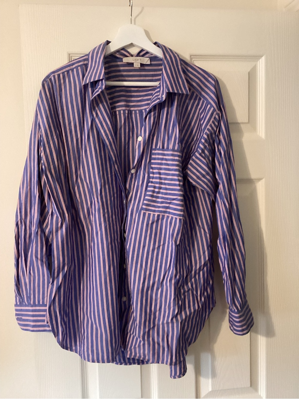 LOFT Blue and Pink Striped Oversized Casual Button-Down Shirt